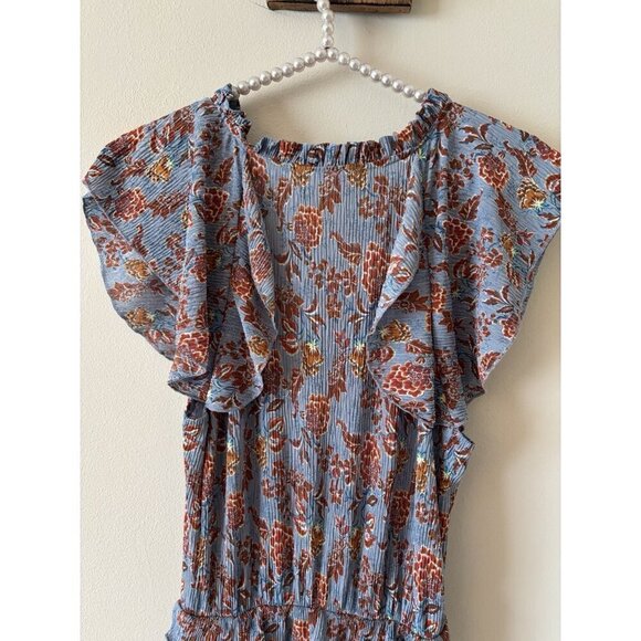 MNG Womens Size 6 Blue Floral Maxi Dress Stretch Flutter Sleeve Ruffle Trim - Picture 4 of 5